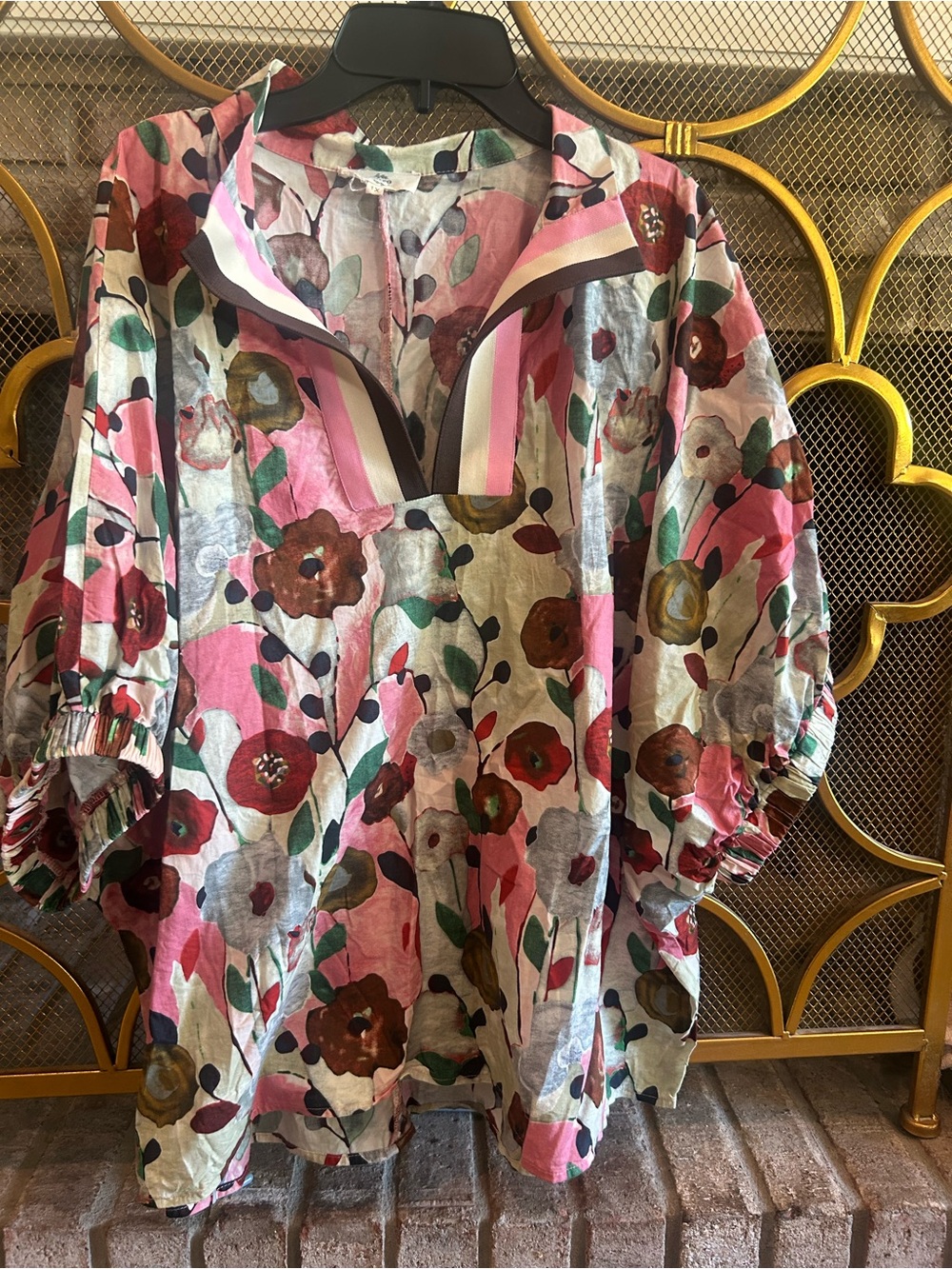 entro Pink Floral V-Neck blouse with Multicolor Blooms